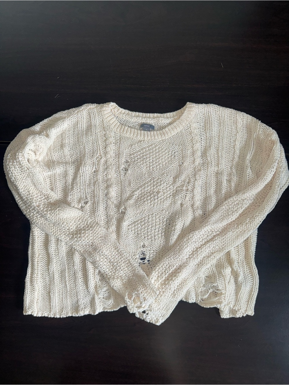 aerie Cream Cable-Stitch Distressed Crewneck Sweater